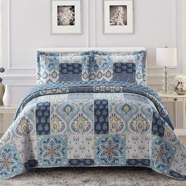 Royal Hotel Bedding Bellflower Oversized Coverlet Set, Luxury Printed Design Quilt, Bedspread Set - Filled Quilts - Fits Pillow top Mattresses - 3PC Set - King/California King Size