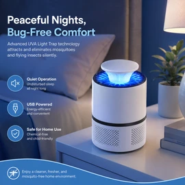USB Mosquito and Flying Insect Trap for Indoor Use – Quiet Light Attraction and Fan Capture Device for Bedroom, Office and Home