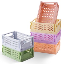 HUUSMOT 6-Pack Small Pastel Plastic Storage Baskets, Collapsible Crates for Organizing, Space-Saving Mini Bins for Classroom, Kitchen, Office, Bedroom (5.9" x 3.8" x 2.2")