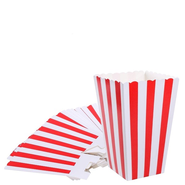 NUOLUX Popcorn Boxes Paper Popcorn Bags Holder White Red Striped Pack of 24