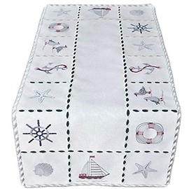 Raebel Tablecloth Table Runner Table Cloth Maritime Embroidery Wool White with Colourful Embroidery 40 x 90 cm Pack of 1