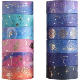 Set of 12 Masking Tape, BetterJonny Gold Foil Stamping Washi Tape Creative Ner Scrapbooking Wrapping Gift for DIY Arts Crafts Gift Wrapping Decoration