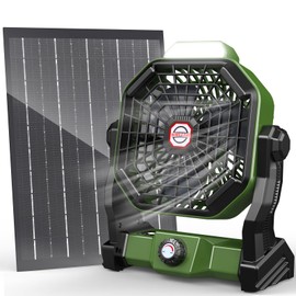 Solar Powered Fan, Camping Fan with LED Lantern 10400mAh, 7W 9-Inch Outdoor Battery Operated Fans with Solar Panel, Stepless Speed and Quiet Battery Powered Tent Fans for Camping Essentials Gear