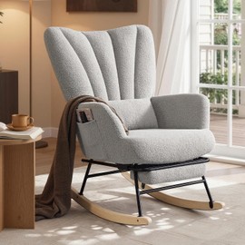 SONGMICS Rocking Chair, Recliner Chair, Extendable Footrest, Rocking Chair, Removable Cushion, Side Pockets, Wooden Legs, Fleece, for Bedroom, Living Room, Dove Grey LYY018G101