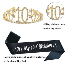 Happy 10th Birthday Tiara and Sash Gifts Crystal Rhinestone Princess Crown Birthday Girl Party Favor Supplies Gold Crowns Silver Letter Black Sash