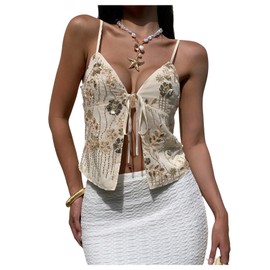 Milumia Women's Floral Sequin Front Tie Tops Y2k Split Hem Going Out Crop Tops Beige Medium