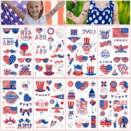 4th of July Temporary Tattoo Kids : 8 Sheets Tattoo Stickers Complete Independence Day Collection, these patriotic tattoos are perfect for Memorial Day and all your 4th of July decorations. (Silver highlights)