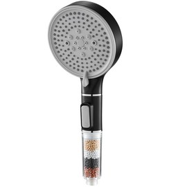 TLHWIN Wassersparender Duschkopf,Handbrause Filter Mineralsteinen und 5 Strahlarten, Druckerhöhende Duschbrause mit 3-Lagen-Filtration und zusätzlichen Steinen, Weiß,Gebürstet (Black)