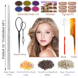 CelineBella Silver Hair Tinsel Kit With Tools Fairy Hair Glitter Hair Extensions Heat Resistant Sparkling Shiny Tensile Hair Extensions for Kids Girls(48 Inch Pack of 5Pcs, Laser Silver)