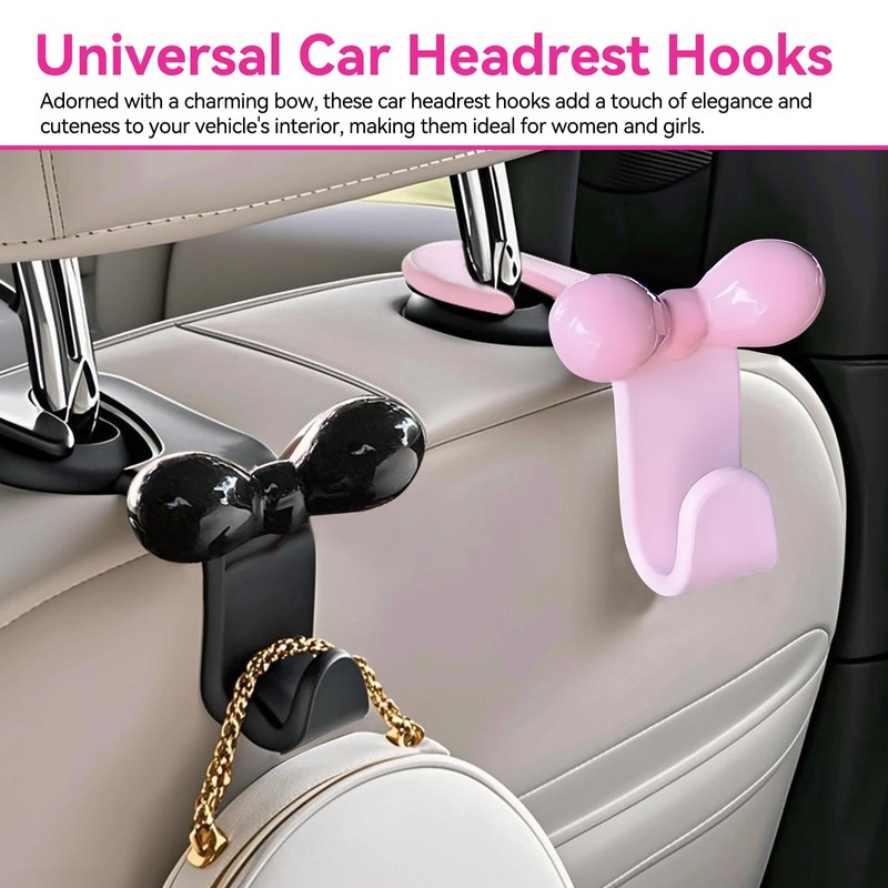 TECHPLUS Universal Car Headrest Hooks – 2Pcs Bow Decor Car