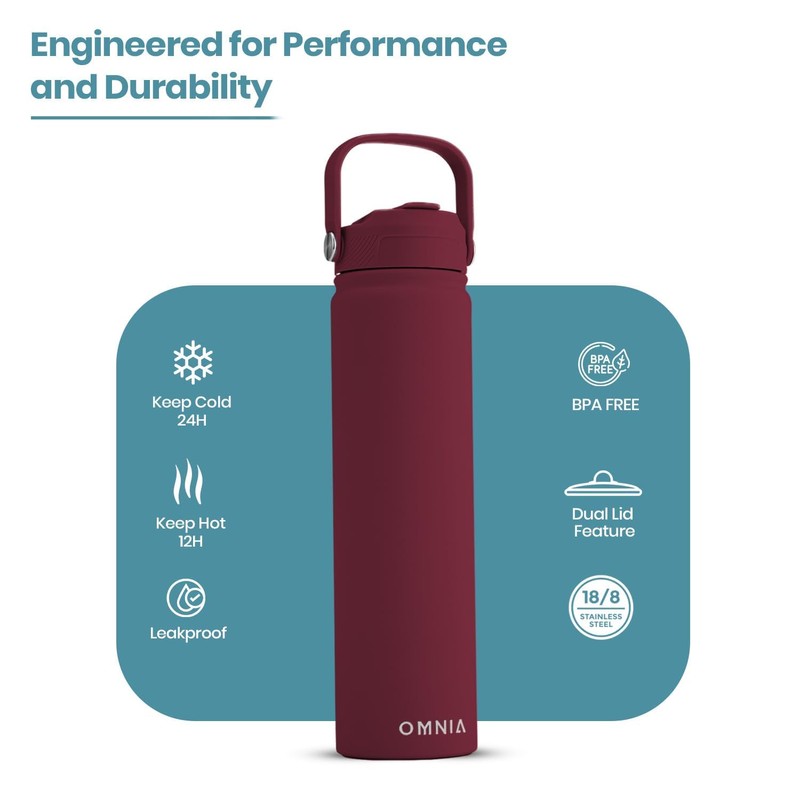 OMNIA NUTRIENTS Vacuum Insulated Stainless Steel Water Bottle, 2 Lids