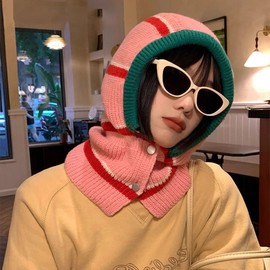 Women's Balaclava Hooded Hat Scarf Winter Muffler LF3086 Free Size/Pink 4ea