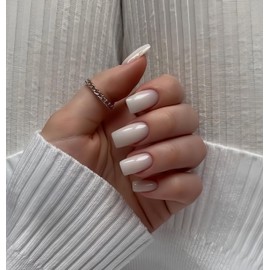 KQueenest White Press On Nails Almond Square Coffin Nails for Sticking Short, Shiny Jelly Gel Fake Nails Fingernails for Sticking Ballerina, Plain Acrylic False Nails for Women, Pack of 24