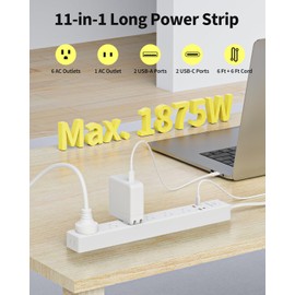 2 Pack Power Strip Surge Protector - 7 Outlets 4 USB Ports (2 USB C), 6 Ft Ultra Thin Flat Plug Extension Cord, 1875W/15A, 1700 Joules, Wall Mount for Home Office Dorm, White