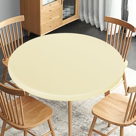 Obstal Fitted Round Table Cloth, Reversible Waterproof Stain Resistant Elastic Stretch Tablecloth, Wipe Clean Table Cover for Outdoor/Indoor Use, Fits Round Tables up to 48" - 56" Diameter, Cream