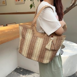 Straw Beach Tote Bag Raffia Tassel Shoulder Handbag Rattan Bag Large Summer Tote Bag for Vacation and Beach Zipper, Beige Brown