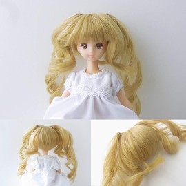 Ninnandokino Small Doll Wig 1/6 Doll Heat Resistant Wig 4.5" Head Circumference | Curly Twin Tail (Honey Ash)