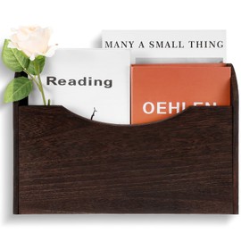 Suzile Wall Mounted File Holder Wood Magazine Holder Wall Hanging File Organizer for Office Mail Magazine Letter Paper Folder Organization(Brown)