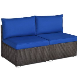 Tangkula 2 PCS Outdoor Wicker Armless Sofa, Patio Rattan Sectional Sofa Set w/2 Thick Seat Cushions and 2 Back Cushions, Additional Seats for Balcony Garden Patio Poolside (Navy Blue)