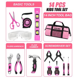 DOWELL 14 Pieces Kids Real Tools Pink Tool Set，Tool Kit with Storage Bag for Boys, Girls, Children DIY Building and Woodworking, Age 8+