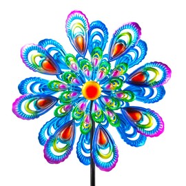 VEWOGIFT Peacock Wind Spinner, 21" Dia Large Kinetic Wind Sculptures & Spinners Outdoor, 68 Inch Tall Metal Windmill for Garden Yard Decor
