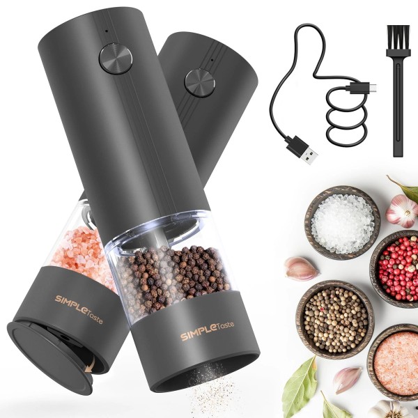 SIMPLETASTE Electric Salt and Pepper Grinder Set Rechargeable with LED