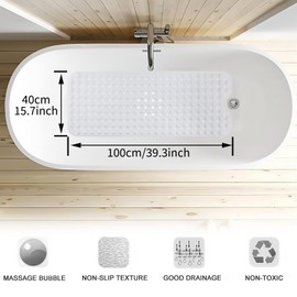 Bathroom Non-slip Mat White Bathroom Floor Mat Anti-mould and Non-slip Bathtub Mat 100 x 40cm Extra Long Non-slip Bath Mat with Suction Cups and Air Vent Machine Washable