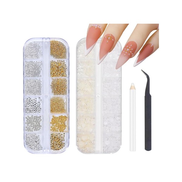 KAIYAYA 2 Stück Nailart Perlen, Gold Silber Kaviar Strasssteine Weiß