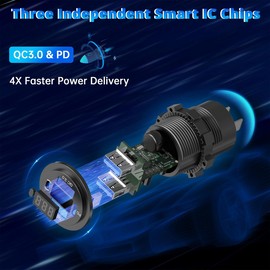 Universal 12-24V Dual USB Car Fast Charger Socket QC3.0 Port & PD Voltmeter Boat Marine RV