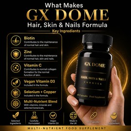 GX Dome Hair, Skin & Nails Vitamins – Beauty Food Supplement with Biotin, Zinc, Selenium, Vitamin C, MSM & Hyaluronic Acid – Vegan Vitamin D3, 60 Capsules