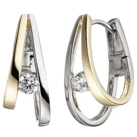 Jobo Women's Creole Earrings 925 Sterling Silver Bicolour Gold-Plated 2 Zirconia Earrings, Silver, Cubic Zirconia