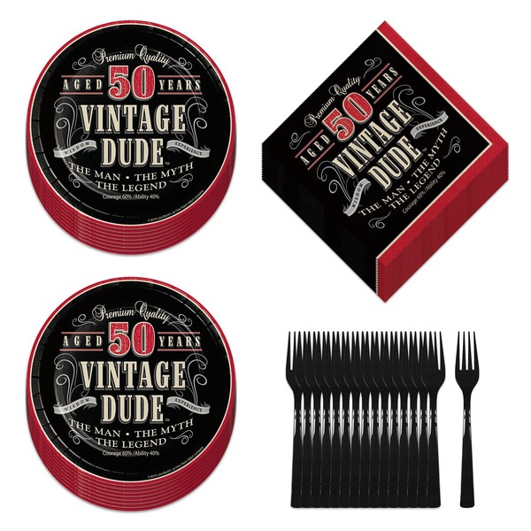 Old Man Vintage Dude Party Supplies - 50th Milestone Dessert Plates, Napkins, and Forks (Serves 16)