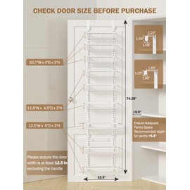 Delamu Narrow 9-Tier Over the Door Pantry Organizer, Adjustable Pantry Storage, Metal Hanging Spice Rack, Cabinet Door Organizer for Kitchen, Bathroom, Laundry Room, 12.5" White