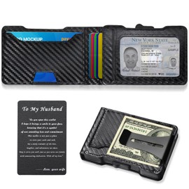 hooppoo Slim Wallet for Men with Carbon Fiber Leather RFID Blocking - Minimalist Pop Up Metal Money Clip Card Holder for Credit & Cash (To my Husband)