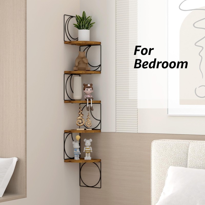 PHAREGE 5 Tier Moon Phase Corner Shelves Brown Black, Rustic