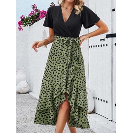 IFFEI Summer Dress Women's Elegant Slit Boho Flower Dress Lightweight Knee-Length Casual Dress with Belt, Green