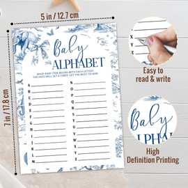 MXLINSW Alphabet Baby Shower, 25 Blue Elephant Toile Style Game Cards, 5"x7" Fill-in Alphabet Game for Baby Shower, Gender Reveal, Baby's Announcement, Party Games Activity Supplies-C03