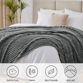 BEDELITE Fleece Throw Blanket for Bed, 300GSM Soft & Warm Fluffy King Blanket, Decorative and Giftable Striped Grey Blankets for Women, Men, 108"x90"