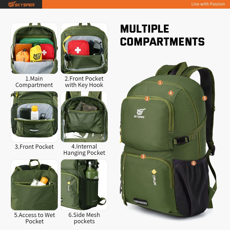 SKYSPER Ultralight Foldable Backpack with Wet Compartment - Waterproof and