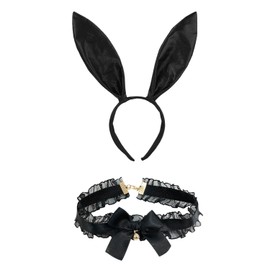 NIDHFG 1 Piece Black Rabbit Ear Headband, 1 Piece Adjustable Bell Collar, Role-Playing Props, Sexy And Fashionable, Women'S Clothing Accessories.