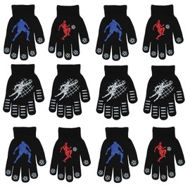 Primo 12 Pairs Warm Children Boys Football Design Full Finger Magic Gripper Gloves, Black, One Size