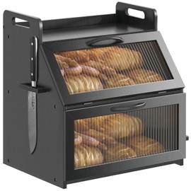 Farmhouse Breadbox Organizer - Large Wooden Double Layer Bread Bin with Acrylic Window, Black
