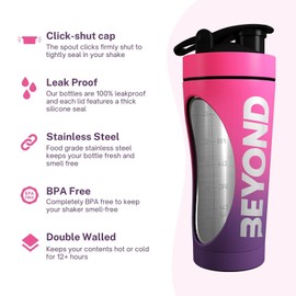 Beyond Fitness Premium Insulated Stainless Steel Protein Mixer Shaker Supplement Bottle - Metal and BPA Free Pink & Purple for Gym 735ml
