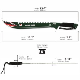 REAT Machete with Sheath, 25.5" Full Tang 420 Stainless Steel Blade with Raging Shark Green Coating,Non-silp Cord-Wrapped Handle for Yard Work, Cutting Trees,Camping