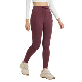 baleaf Women's Fleece Lined Leggings Hiking Ripstop Water Resistant Pants Thermal Warm Winter Tights with Zip Pockets Cold Weather Gear Wine Red XXL