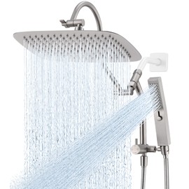 G-Promise All Metal 14 Inch Shower Head with Massage Mode Handheld, Rain Shower Head with Handheld Spray Combo, 3-Way Diverter with Pause Setting, 13 Inch Adjustable Extension Arm (Brushed Nickel)