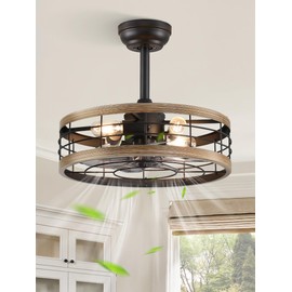 LEDIARY 18 inch Black Caged Ceiling Fan with Light, Bladeless Industrial Ceiling Fan with Remote, Farmhouse Fan Lights Ceiling Fixtures for Kitchen, Bedroom, Outdoor（6 Speed, Timing）-Brown