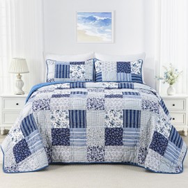 Full Queen Size Quilt Set Blue Floral Bedding Set 3-Piece Patchwork Reversible Quilted Bedspread Coverlet Set 3-Piece Lightweight Comforter Queen Bed Sheet Set Cover Blanket with 2 Pillow Shams