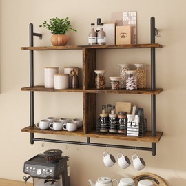 Bestier Floating Pipe Shelving Kitchen Shelves Wall Mounted 3 Tier 41.5" Ladder Coffee Bar Shelf Hanging with Circular Tube, Display Bookshelf Storage for Living Room Kitchen, Rustic Brown