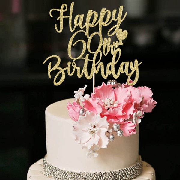 YUINYO Decoración para tartas de cumpleaños número 60, hecha a mano, con purpurina, decoración para tartas de cumpleaños 60, suministros de decoración para fiestas de cumpleaños (dorado)